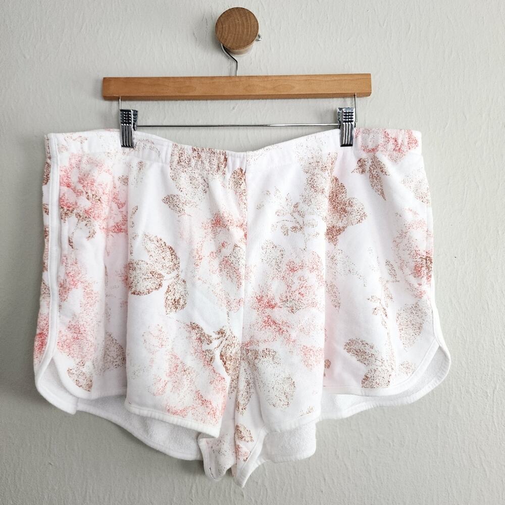 Aerie High Waisted Floral Fleece Shorts White Pink Rose Pockets XXL 2XL NWT